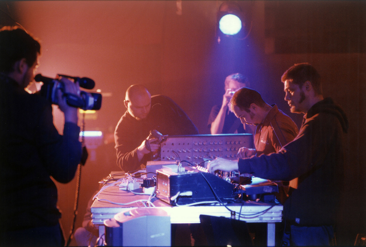 Pan Sonic's Mika Vainio and Ilpo Väisänen on stage at Maria am Ostbahnhof.