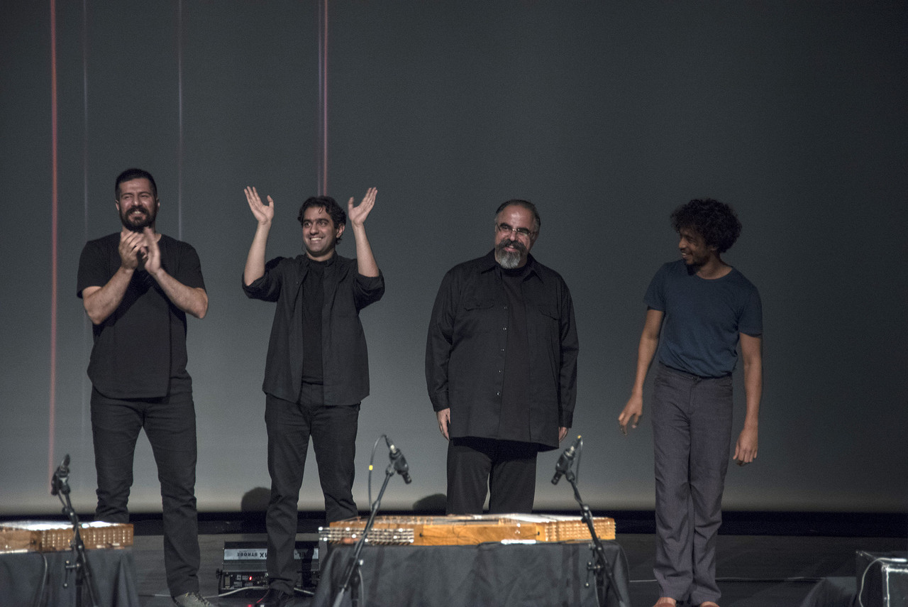 Behrouz Pashaei, Arash Bolouri, Ata Ebtekar, and Tarik Barri receiving standing ovations for their "»Sote presents Sacred Horror in Design« performance at SET x CTM, Azadi Concert Hall, Tehran.