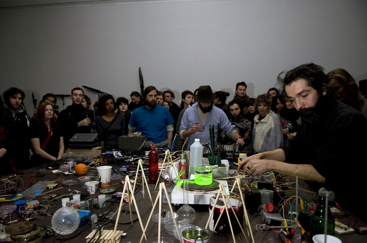 Martin Howse and Martin Küntz producing sound through physical processes at the opening night of CTM 2011, Kunstquartier Bethanien, Berlin.